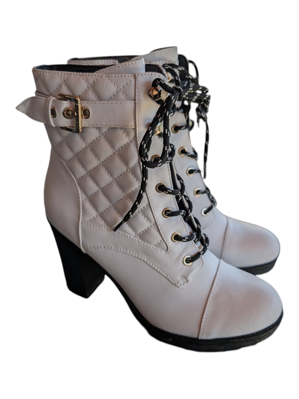 G by Guess White Quilted Lace-Up Ankle Boots with Gold Hardware
